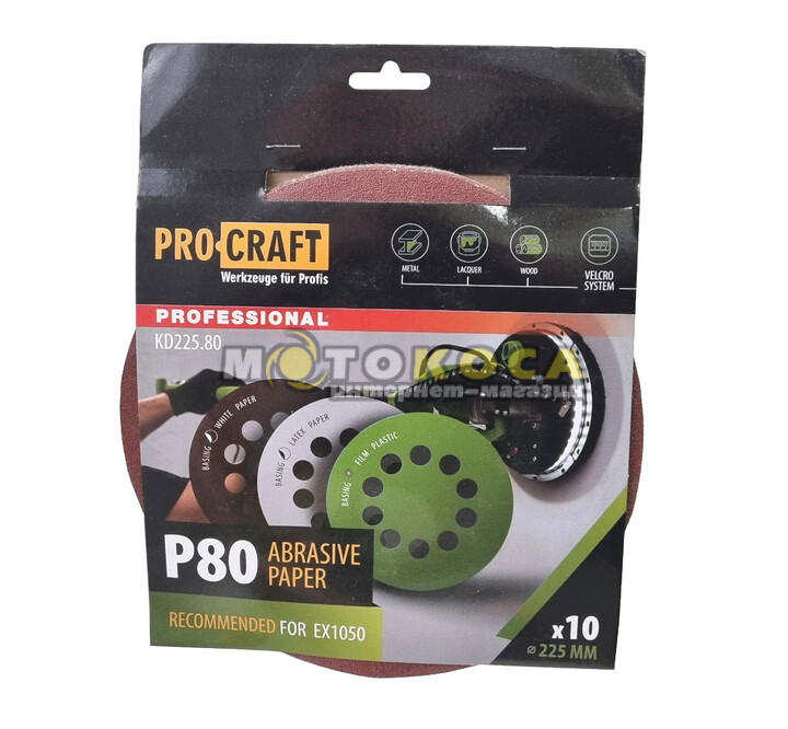Круг шліфувальний самоклеючий PROCRAFT Ø225 мм, К80 з отворами (10 штук)